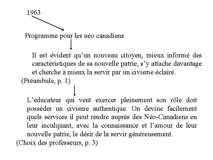 1963 Programme pour les néo canadiens Il est évident qu’un nouveau citoyen, mieux informé