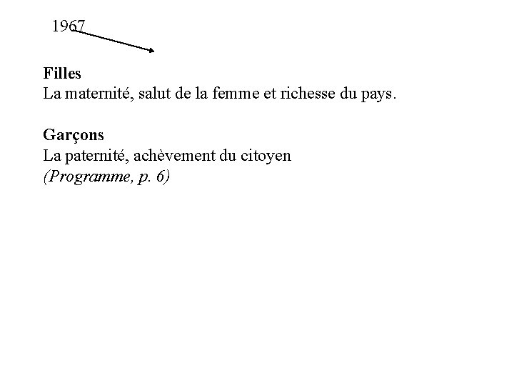 1967 Filles La maternité, salut de la femme et richesse du pays. Garçons La