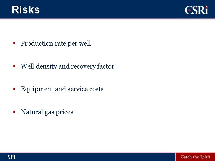 Risks § Production rate per well § Well density and recovery factor § Equipment