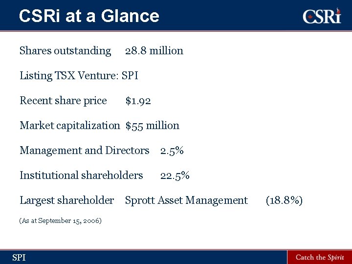 CSRi at a Glance Shares outstanding 28. 8 million Listing TSX Venture: SPI Recent