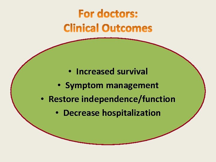  • Increased survival • Symptom management • Restore independence/function • Decrease hospitalization 