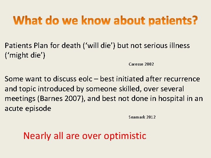 Patients Plan for death (‘will die’) but not serious illness (‘might die’) Caresse 2002