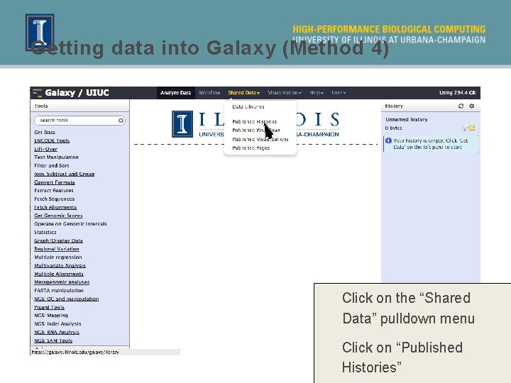 Getting data into Galaxy (Method 4) Click on the “Shared Data” pulldown menu Click