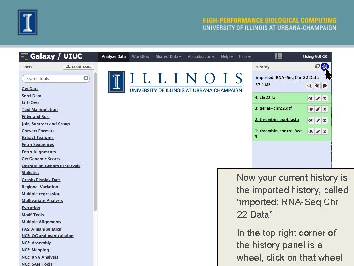 Now your current history is the imported history, called “imported: RNA-Seq Chr 22 Data”