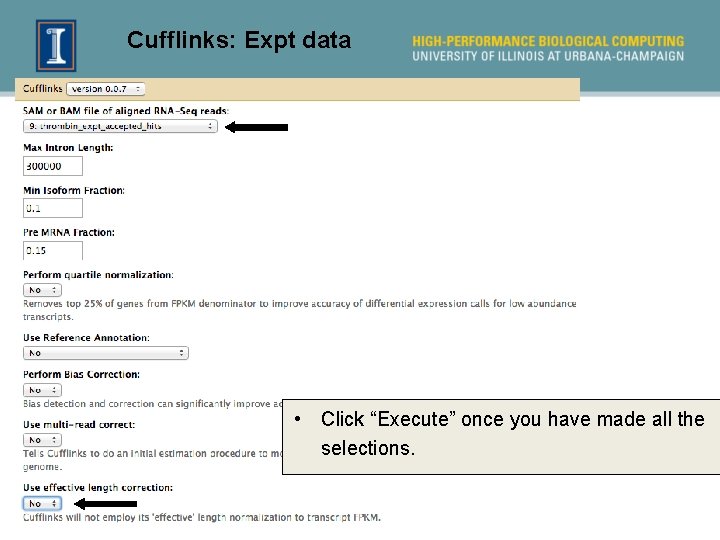 Cufflinks: Expt data • Click “Execute” once you have made all the selections. 