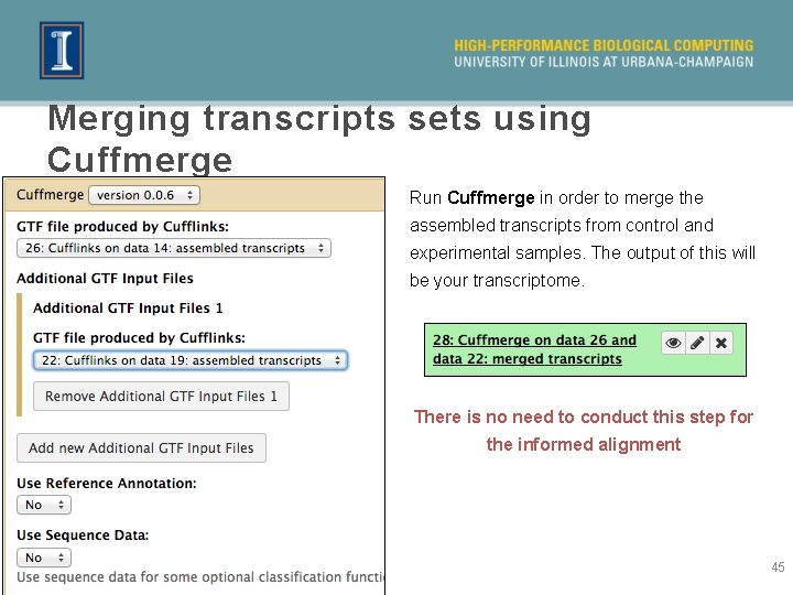 Merging transcripts sets using Cuffmerge Run Cuffmerge in order to merge the assembled transcripts