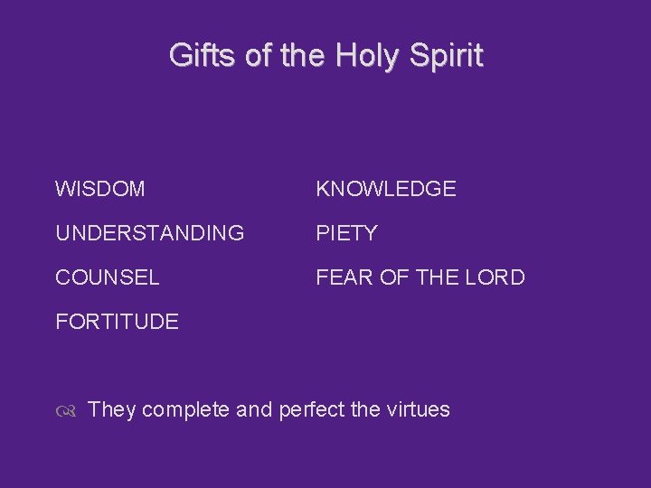 Gifts of the Holy Spirit WISDOM KNOWLEDGE UNDERSTANDING PIETY COUNSEL FEAR OF THE LORD