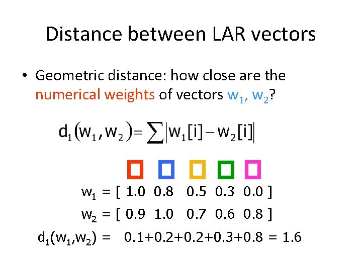 Distance between LAR vectors • Geometric distance: how close are the numerical weights of
