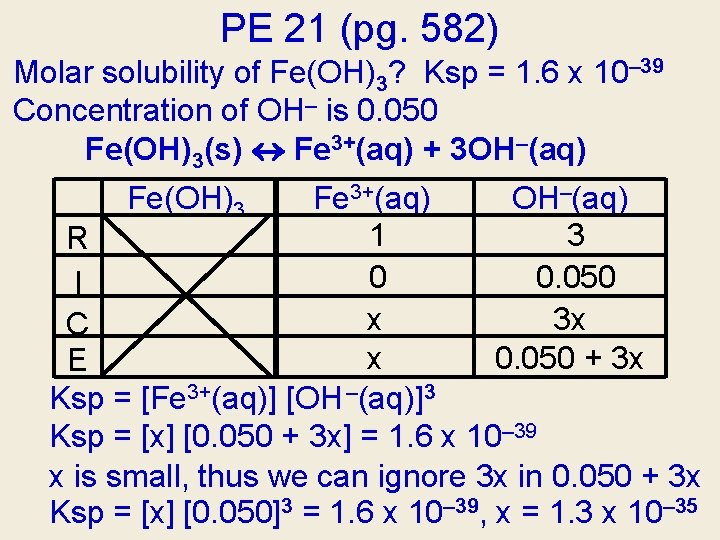 PE 21 (pg. 582) Molar solubility of Fe(OH)3? Ksp = 1. 6 x 10– PE 21 (pg. 582) Molar solubility of Fe(OH)3? Ksp = 1. 6 x 10–