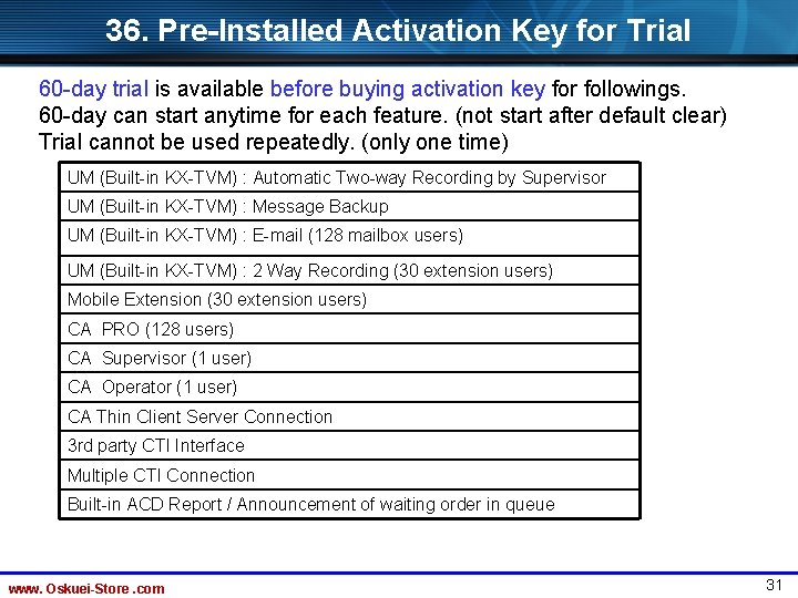 36. Pre-Installed Activation Key for Trial 60 -day trial is available before buying activation