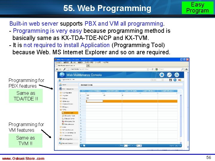 55. Web Programming Easy Program Built-in web server supports PBX and VM all programming.