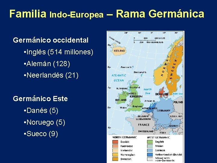 Familia Indo-Europea – Rama Germánico occidental • Inglés (514 millones) • Alemán (128) •