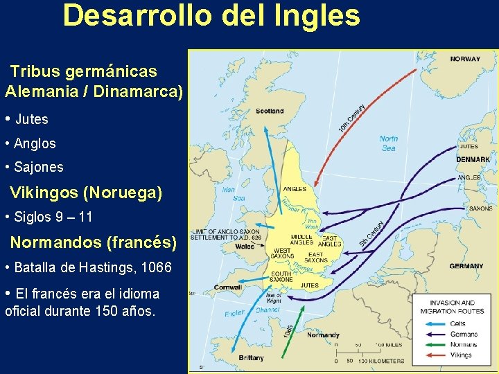 Desarrollo del Ingles Tribus germánicas Alemania / Dinamarca) • Jutes • Anglos • Sajones