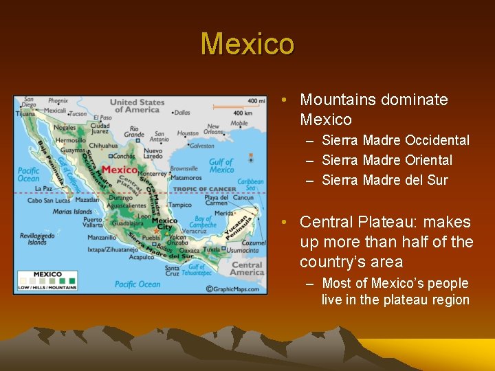 Mexico • Mountains dominate Mexico – Sierra Madre Occidental – Sierra Madre Oriental –