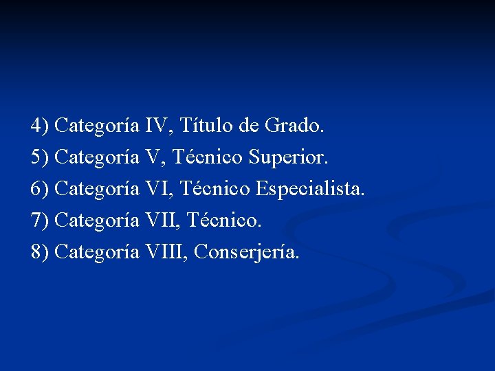 4) Categoría IV, Título de Grado. 5) Categoría V, Técnico Superior. 6) Categoría VI,