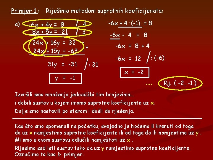 Primjer 1. : a) Riješimo metodom suprotnih koeficijenata: -6 x + 4 y =