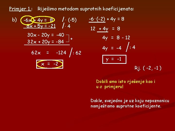 Primjer 1. : b) Riješimo metodom suprotnih koeficijenata: · (-5) · 4 -6 x