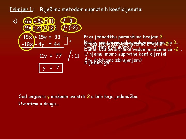 Primjer 1. : c) Riješimo metodom suprotnih koeficijenata: 6 x + 5 y =