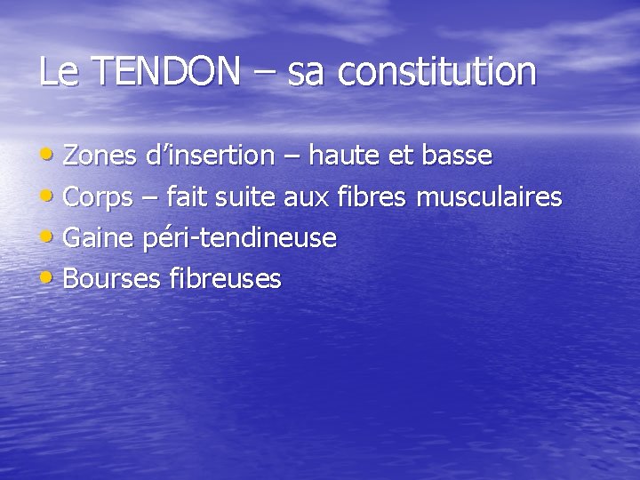 Le TENDON – sa constitution • Zones d’insertion – haute et basse • Corps Le TENDON – sa constitution • Zones d’insertion – haute et basse • Corps