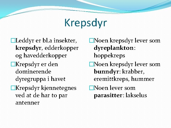 Krepsdyr �Leddyr er bl. a insekter, krepsdyr, edderkopper og havedderkopper �Krepsdyr er den dominerende