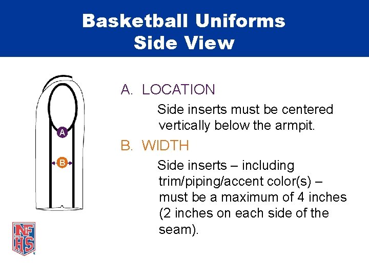 Basketball Uniforms Side View A. LOCATION A Side inserts must be centered vertically below