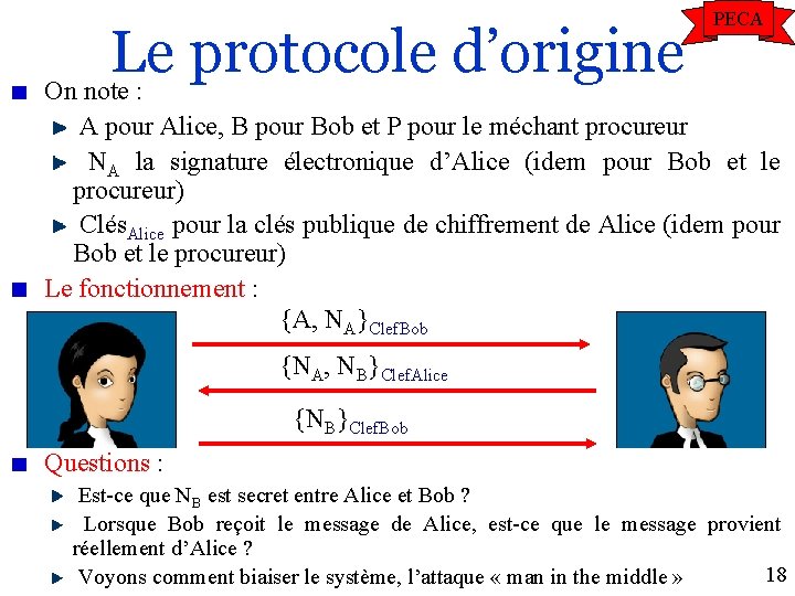 Le protocole d’origine On note : PECA A pour Alice, B pour Bob et