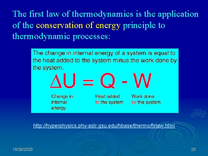 The first law of thermodynamics is the application of the conservation of energy principle