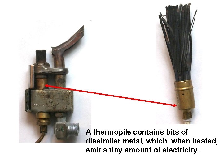 A thermopile contains bits of dissimilar metal, which, when heated, emit a tiny amount