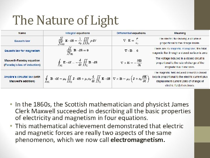 The Nature of Light • In the 1860 s, the Scottish mathematician and physicist