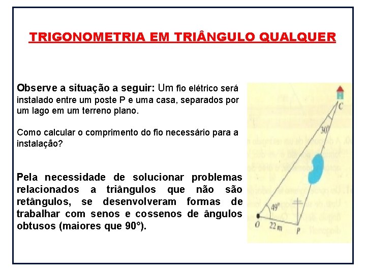 TRIGONOMETRIA EM TRI NGULO QUALQUER Observe a situação a seguir: Um fio elétrico será