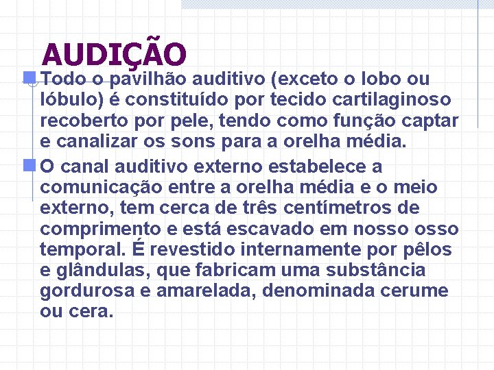 AUDIÇÃO n Todo o pavilhão auditivo (exceto o lobo ou lóbulo) é constituído por