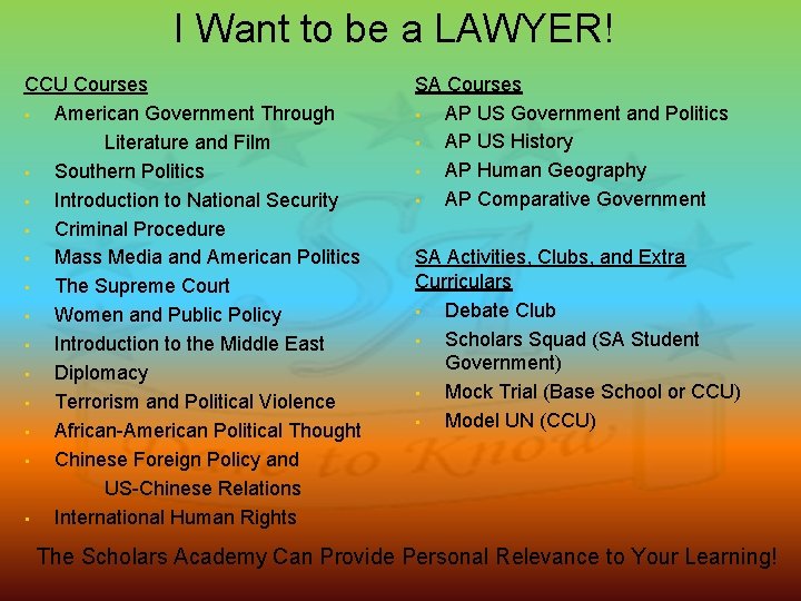 I Want to be a LAWYER! CCU Courses • American Government Through Literature and