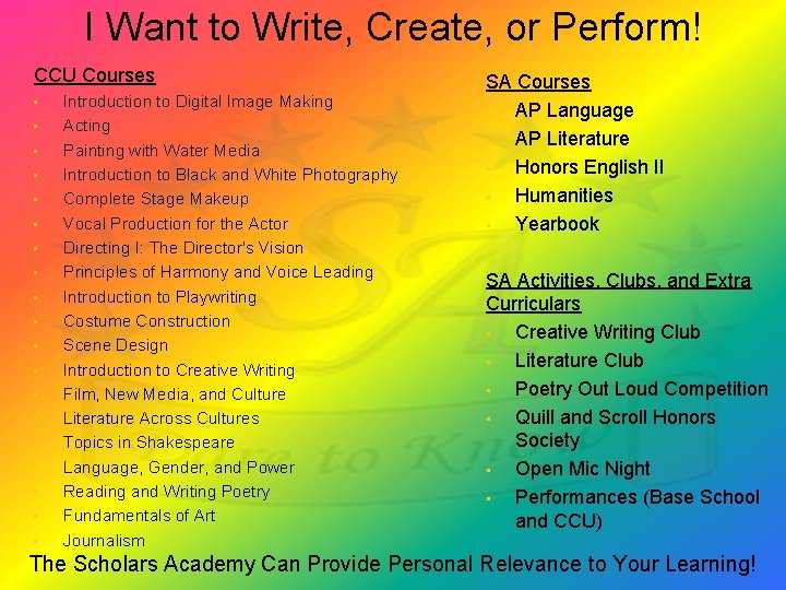 I Want to Write, Create, or Perform! CCU Courses • • • • •