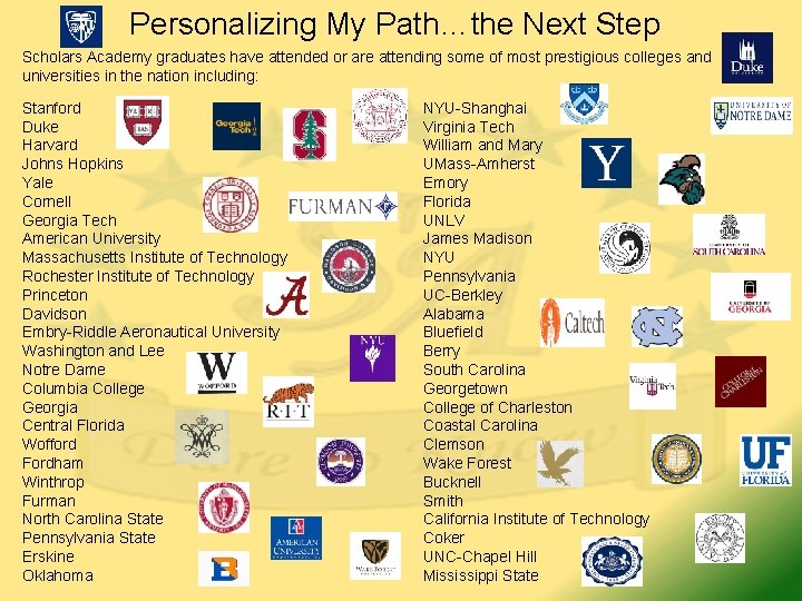 Personalizing My Path…the Next Step Scholars Academy graduates have attended or are attending some