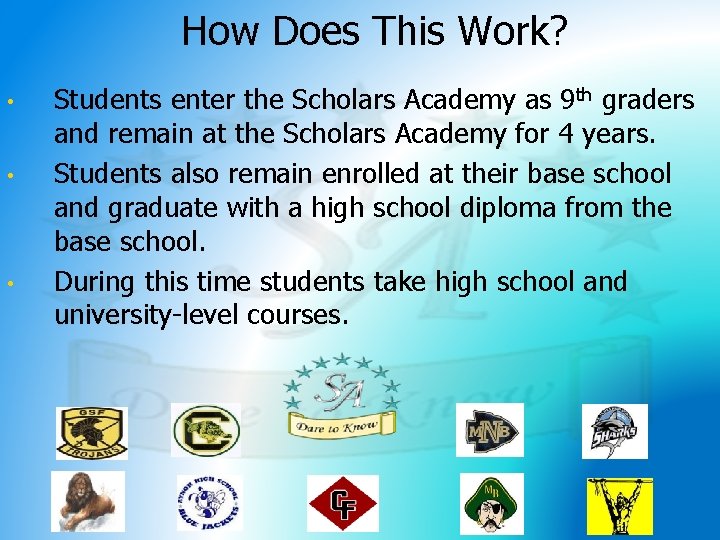 How Does This Work? • • • Students enter the Scholars Academy as 9
