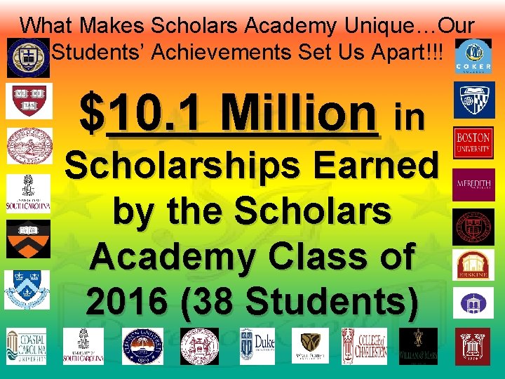 What Makes Scholars Academy Unique…Our Students’ Achievements Set Us Apart!!! $10. 1 Million in