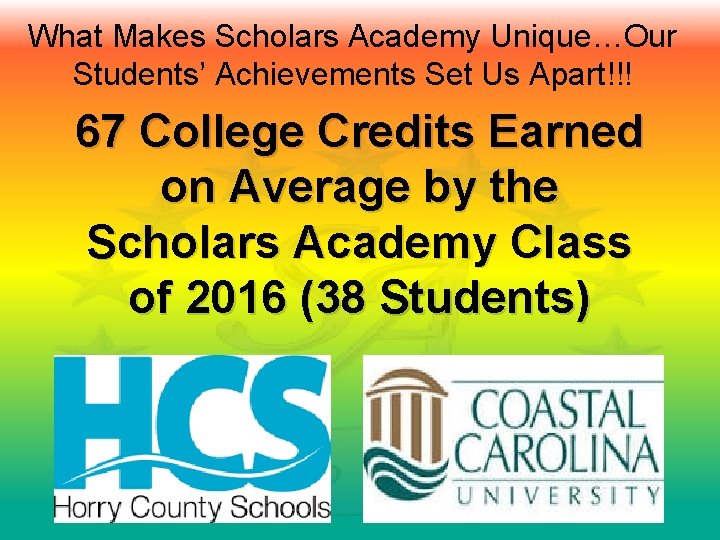 What Makes Scholars Academy Unique…Our Students’ Achievements Set Us Apart!!! 67 College Credits Earned