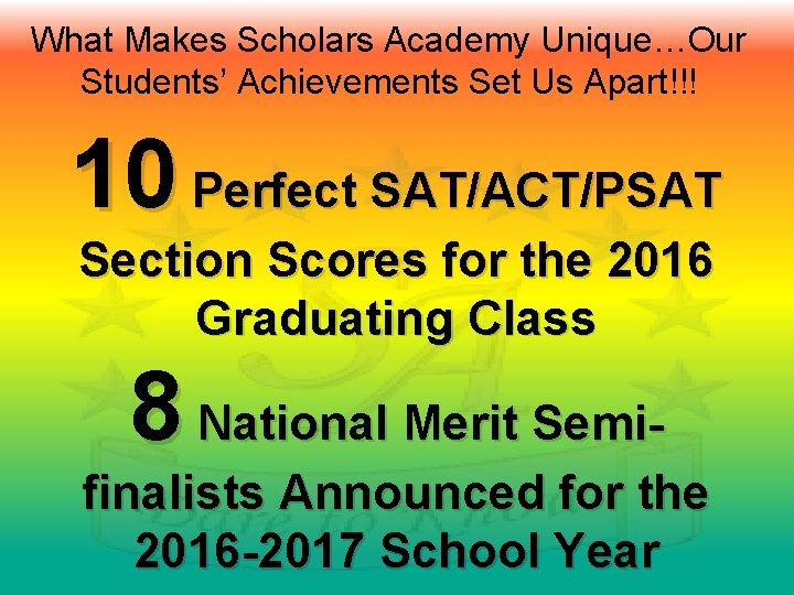 What Makes Scholars Academy Unique…Our Students’ Achievements Set Us Apart!!! 10 Perfect SAT/ACT/PSAT Section