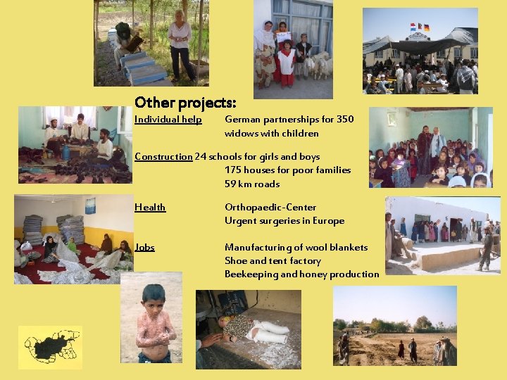 Other projects: Individual help German partnerships for 350 widows with children Construction 24 schools