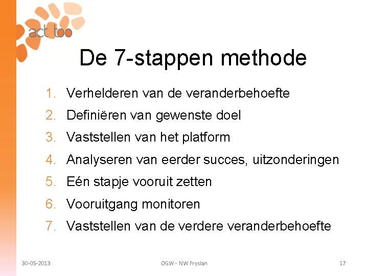 De 7 -stappen methode 1. Verhelderen van de veranderbehoefte 2. Definiëren van gewenste doel