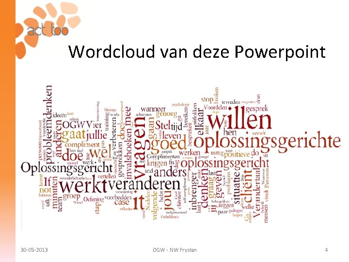 Wordcloud van deze Powerpoint 30 -05 -2013 OGW - NW Fryslan 4 