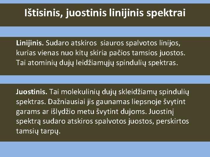 Ištisinis, juostinis linijinis spektrai Linijinis. Sudaro atskiros siauros spalvotos linijos, kurias vienas nuo kitų