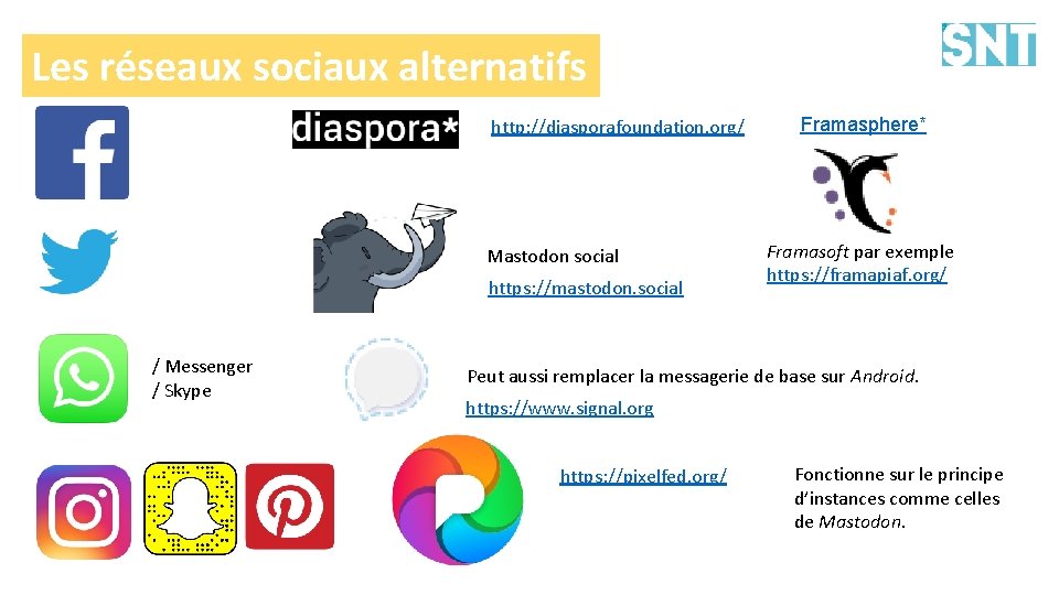 Les réseaux sociaux alternatifs http: //diasporafoundation. org/ Mastodon social https: //mastodon. social / Messenger