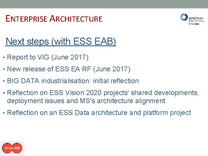 ENTERPRISE ARCHITECTURE Next steps (with ESS EAB) • Report to VIG (June 2017) •