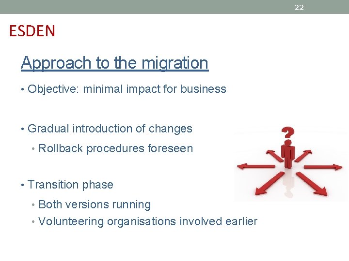 22 ESDEN Approach to the migration • Objective: minimal impact for business • Gradual