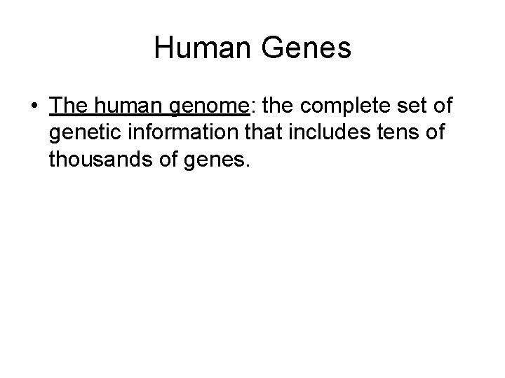 Human Genes • The human genome: the complete set of genetic information that includes