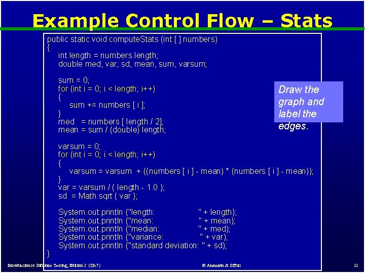 Example Control Flow – Stats public static void compute. Stats (int [ ] numbers)