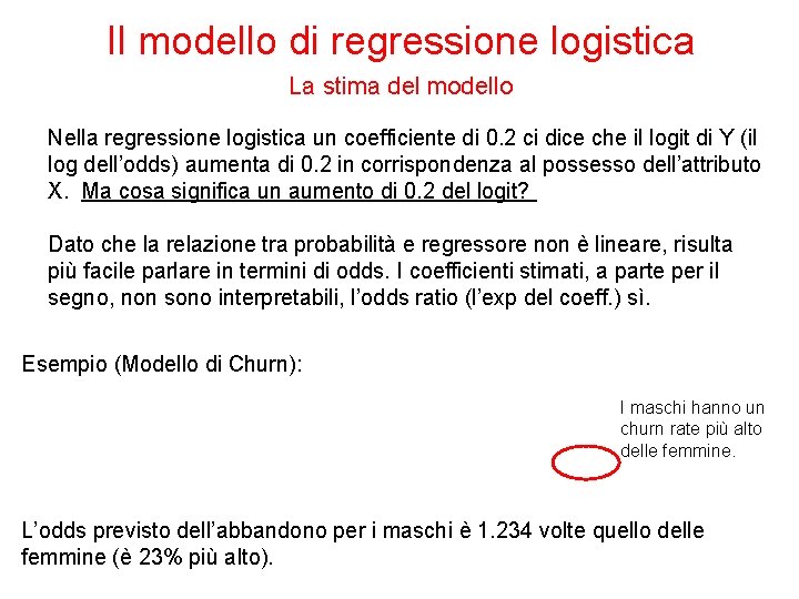 Il modello di regressione logistica La stima del modello Nella regressione logistica un coefficiente