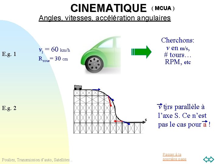 MCUA CINEMATIQUE ( MCUA ) Angles, vitesses, accélération angulaires E. g. 1 Cherchons: v