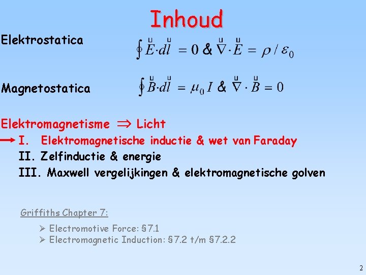 Elektrostatica Inhoud Magnetostatica Elektromagnetisme Licht I. Elektromagnetische inductie & wet van Faraday II. Zelfinductie